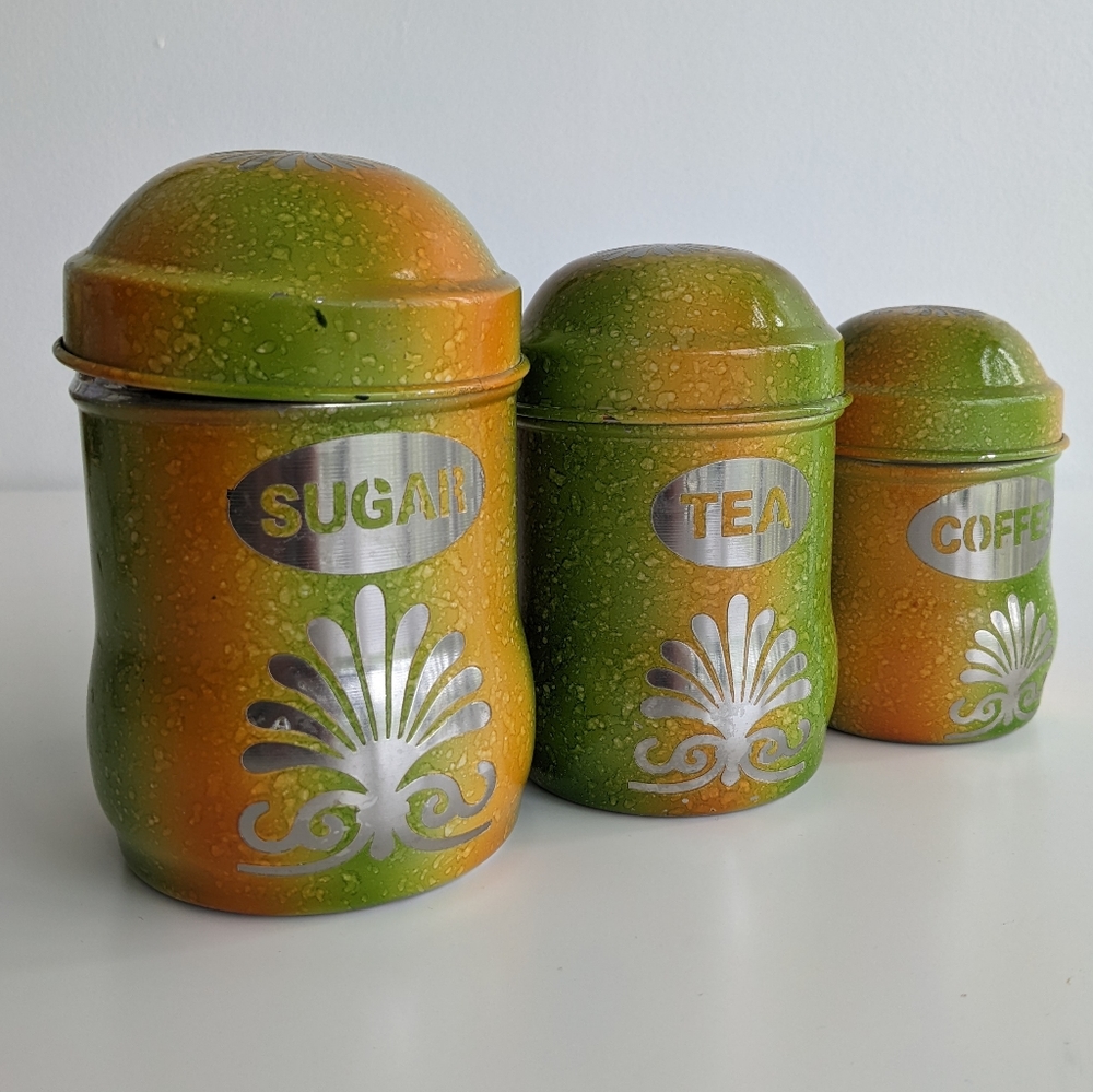 Vintage nesting tins sugar tea coffee mottled green and orage